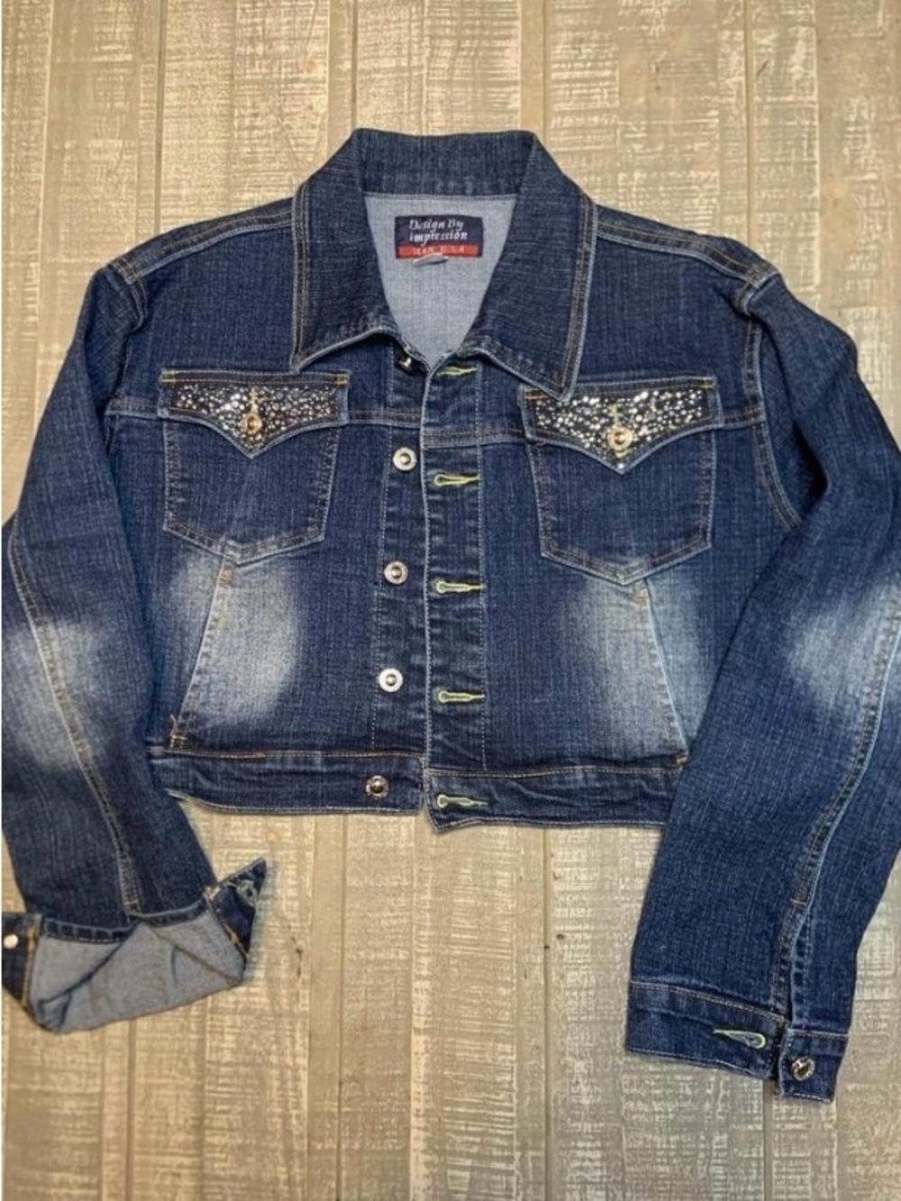 Design by Impression Dark Blue Denim Crop Jacket with Rhinestone Accents XXL